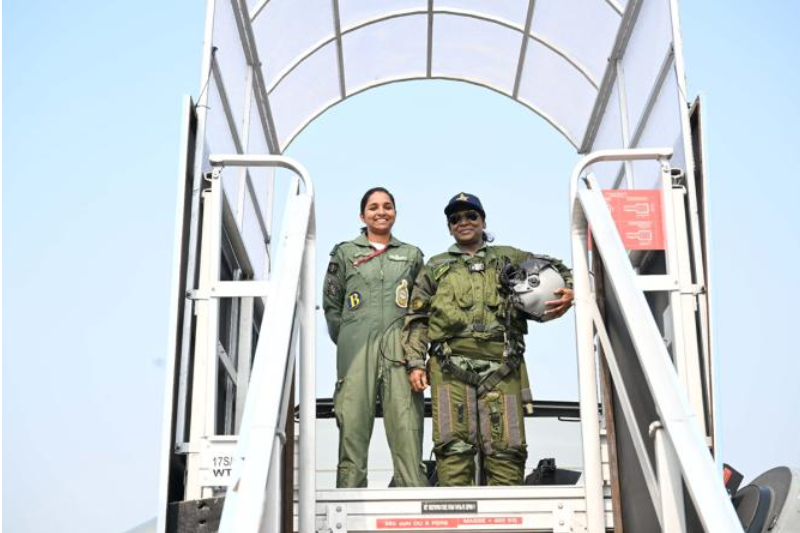 President Droupadi Murmu poses with Squadron Leader Shivangi Singh, before taking a sortie in a Rafale fighter jet from Ambala airbase.